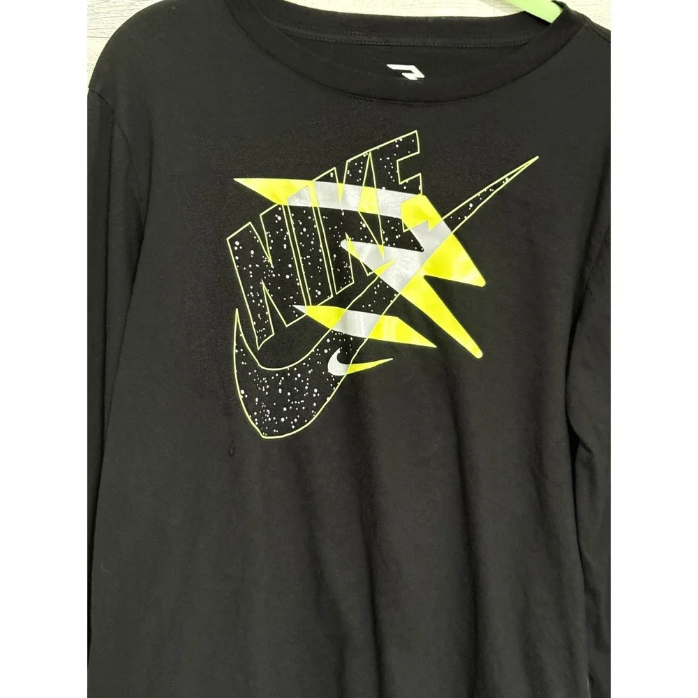 Nike 3 Brand Boys XL Black Long Sleeve Graphic Tee Lightning Bolt Neon Yellow